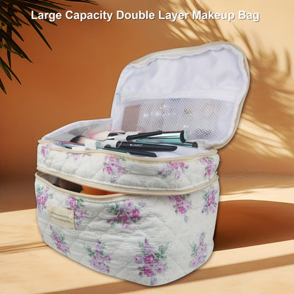 Makeup Bag – Set 3 PCS Quilted Cotton Dual Layer Large Capacity Floral Coquette Aesthetic Travel Cosmetic Bag Women Toiletry Organizer…