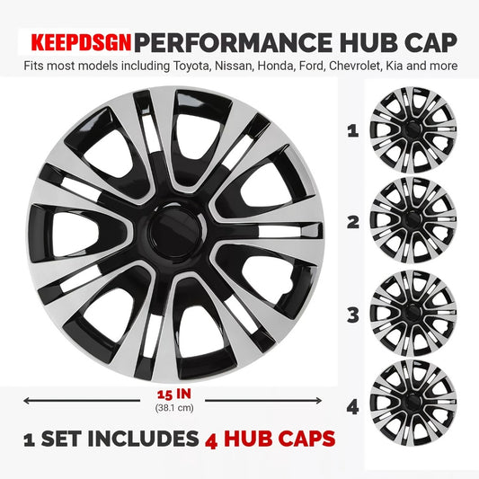 Hubcaps 4pcs Set – 15 Inch & 16 Inch Full Cover Wheel Hub Covers, Snap-On Easy Install, Universal Fit Steel Wheels for Sedan, SUV, Truck & Coupe, Silver Plastic Wheel Covers