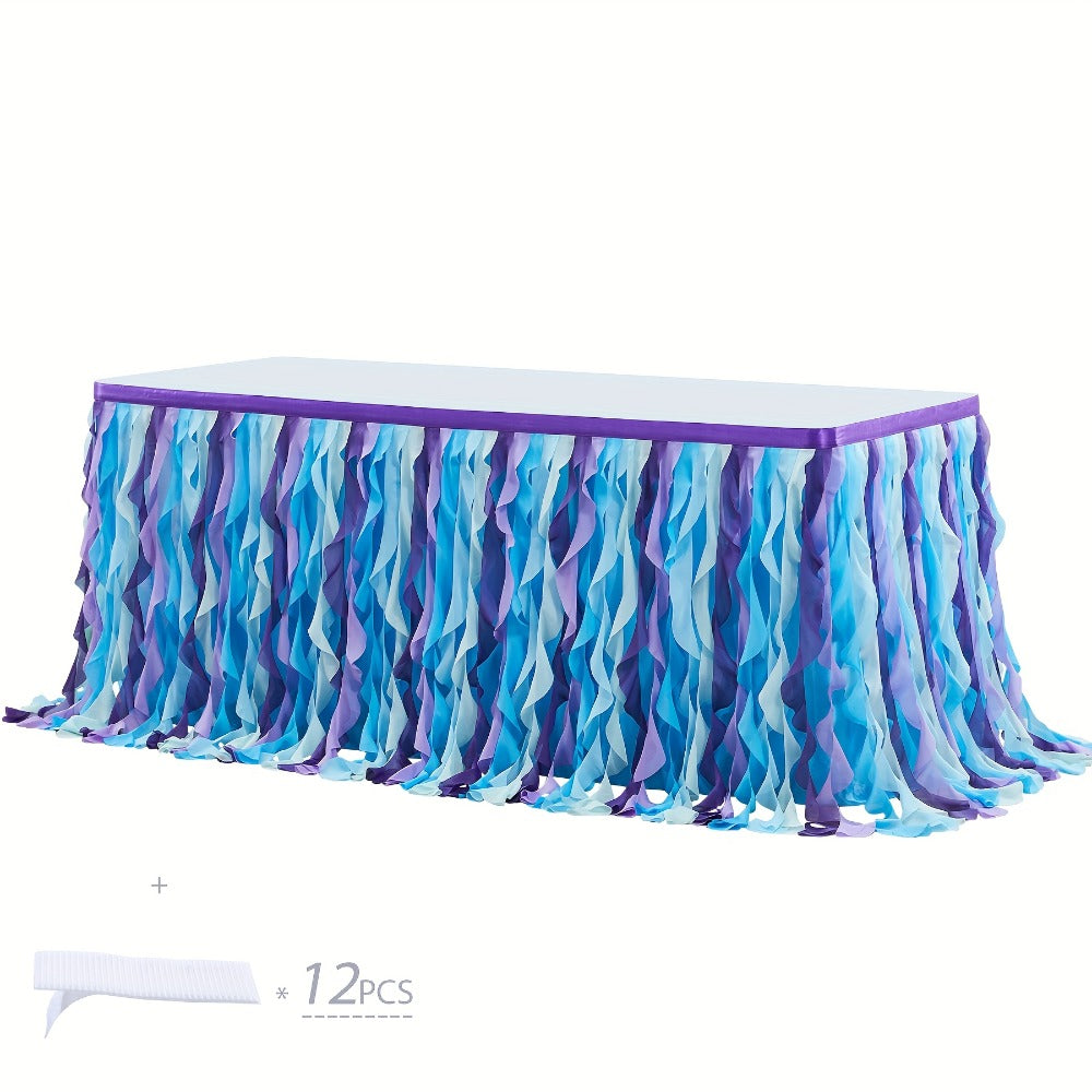 Six-Foot Curly-Willow Tulle Table Skirt with Twelve Color Options and Pictured Attachment Strips