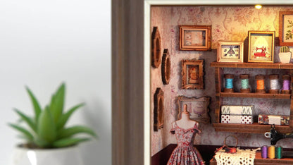 Seam House Book Nook Kit with Framed Sewing-Room Scene and Standard, Fireplace or Dwarf Style Options