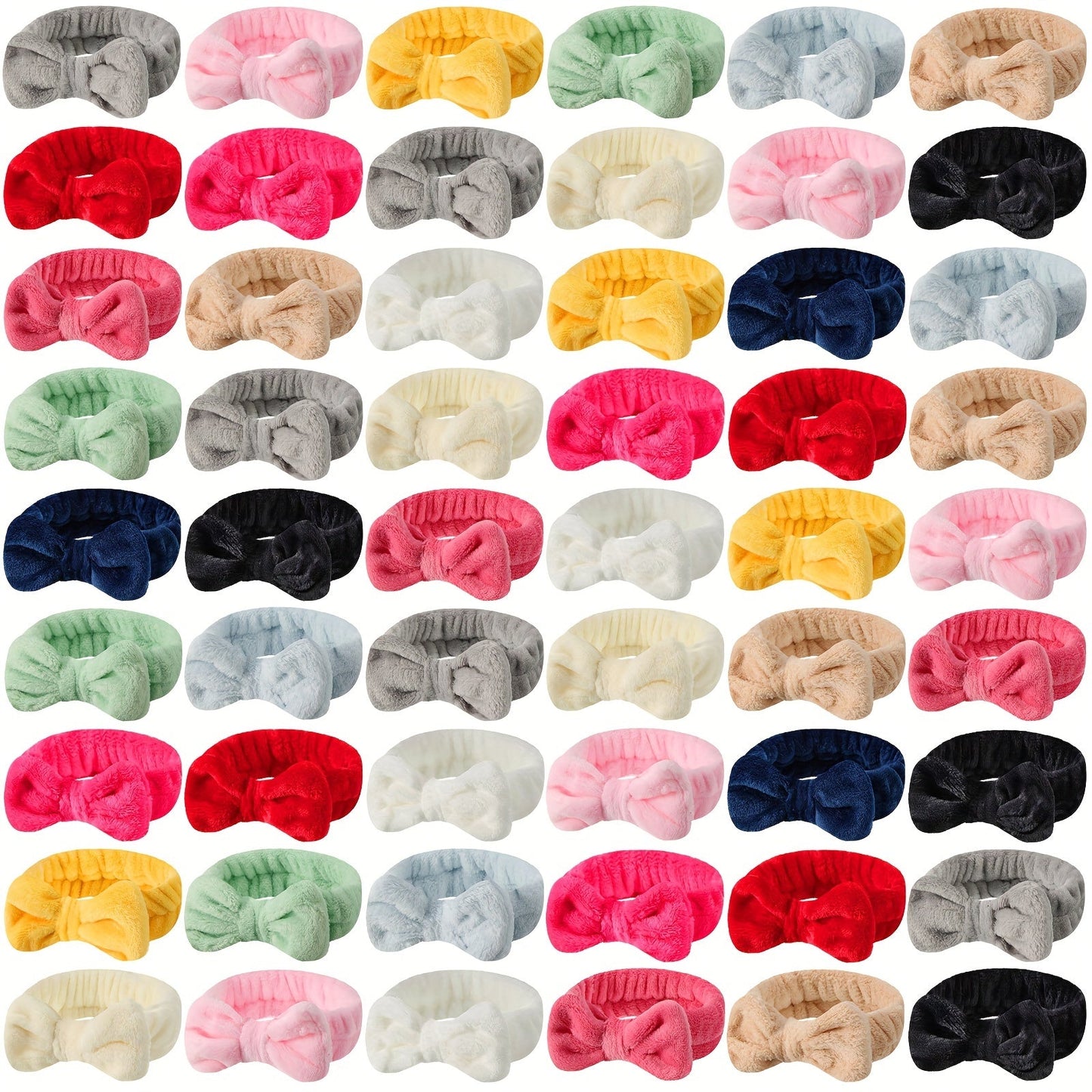 Fifty-Two-Piece Bow Facial Headband Assortment in Thirteen Visible Colors for Group Beauty Routines