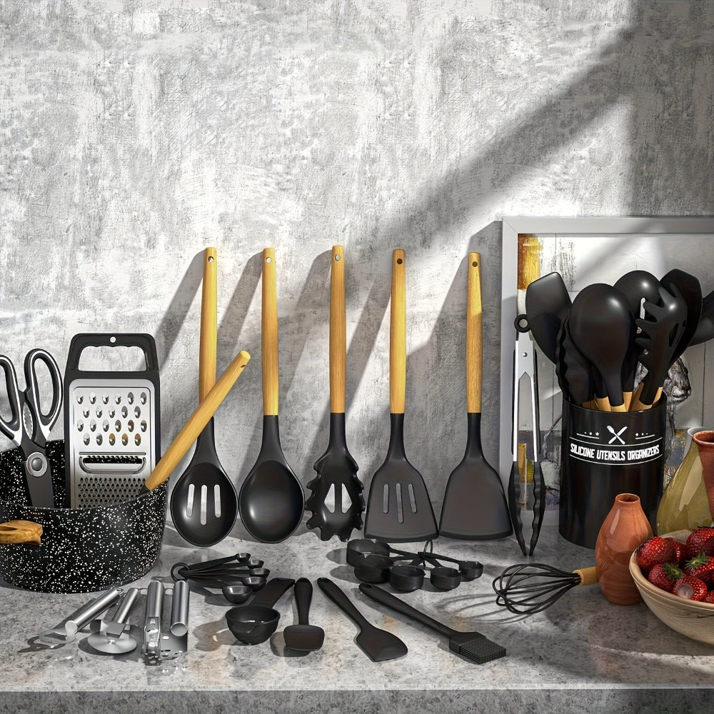 Silicone Kitchen Utensils Set 45pcs – Cooking Utensils for Nonstick Cookware, Stainless Steel Handle Spatulas, Heat Resistant Kitchen Gadgets & Tools, Pots and Pans Accessories, Black
