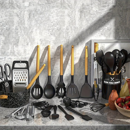 Silicone Kitchen Utensils Set 45pcs – Cooking Utensils for Nonstick Cookware, Stainless Steel Handle Spatulas, Heat Resistant Kitchen Gadgets & Tools, Pots and Pans Accessories, Black