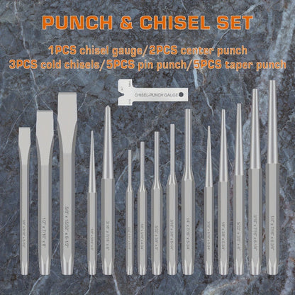 Punch and Chisel Set 16pcs Cr-V Steel with Taper Punch Cold Chisels Pin & Center Punches Fabric Storage Case Heavy-Duty Non-Electric Hand Tool Kit for Metalworking Woodworking Automotive DIY