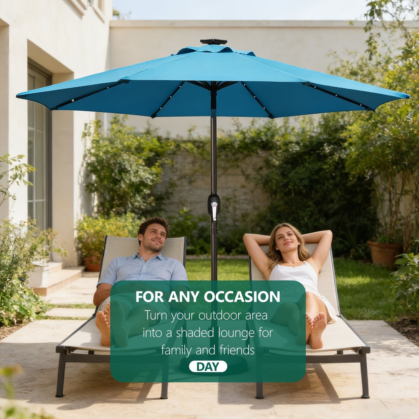 Patio Umbrella 9FT Solar LED Center-Pole Style in Sky Blue, Deep Blue or Khaki for Outdoor Shade