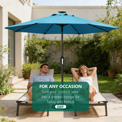 Patio Umbrella 9FT Solar LED Center-Pole Style in Sky Blue, Deep Blue or Khaki for Outdoor Shade