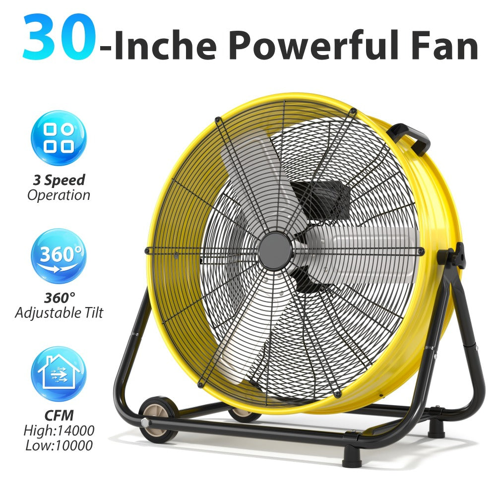 Industrial Drum Floor Fan with Three Speeds, Tilt Frame and 24- or 30-Inch Black, Orange, Green or Yellow Options