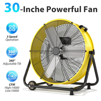 Industrial Drum Floor Fan with Three Speeds, Tilt Frame and 24- or 30-Inch Black, Orange, Green or Yellow Options
