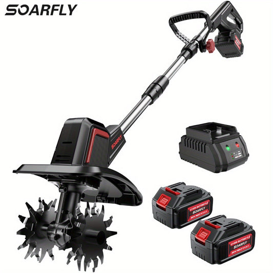 Cordless Electric Cultivator 360RPM - Wireless Electric Tiller & Soil Loosening Machine with 2×4.0Ah Batteries & Charger for Soil Aeration, Weeding, Landscaping - Portable for Home & Professional Garden Use