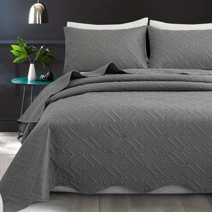 Rhombus-Pattern Three-Piece Bedspread Set in Khaki, Matcha, Blue and Grey with Twin to King Sizes