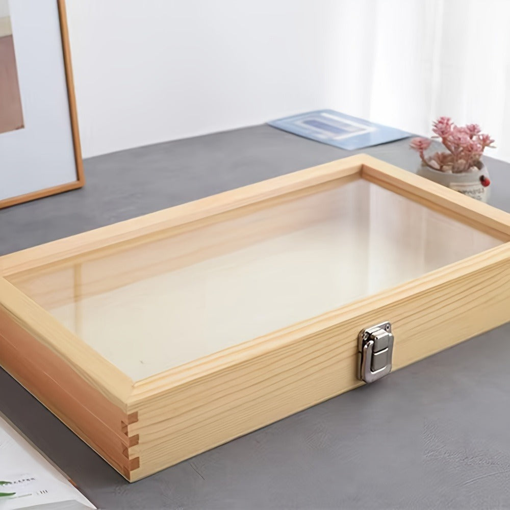 Wooden Display Cabinet with Transparent Lid – Lockable Rectangular Storage Box for Collectibles, Jewelry, Souvenirs & Memorabilia – Sturdy Wood with Secure Metal Latch