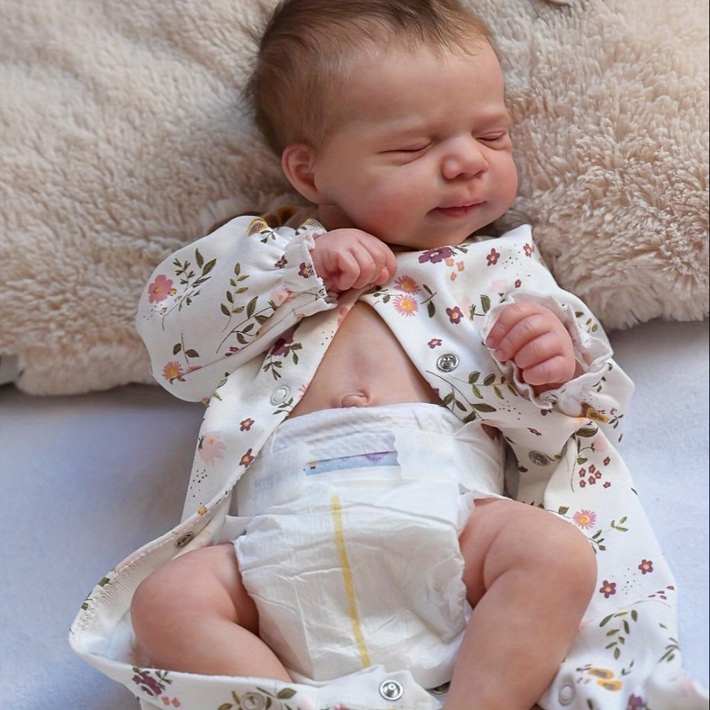 Reborn Doll, 19-Inch Full-Vinyl Sleeping Figure with Hand-Rooted Hair and Floral Outfit Set
