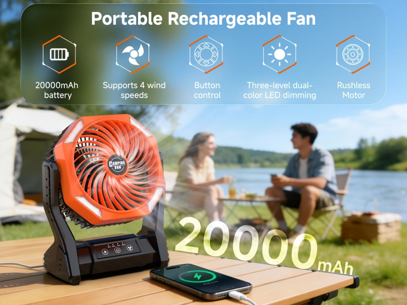 Camping Fan 20000mAh Tabletop and Hanging Fan with 4 Speeds, 3-Level LED Light and 180° Vertical Swing