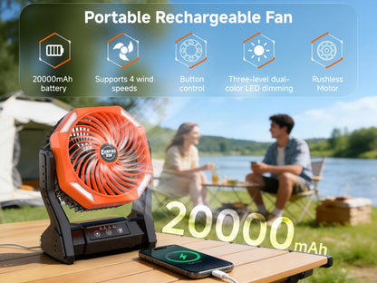 Camping Fan 20000mAh Tabletop and Hanging Fan with 4 Speeds, 3-Level LED Light and 180° Vertical Swing