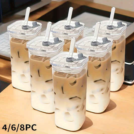 Square Glass Cup Drinkware Set, 13oz Clear Cups with Lids, Straws and Cleaning Brush in 4, 6 or 8 Pieces