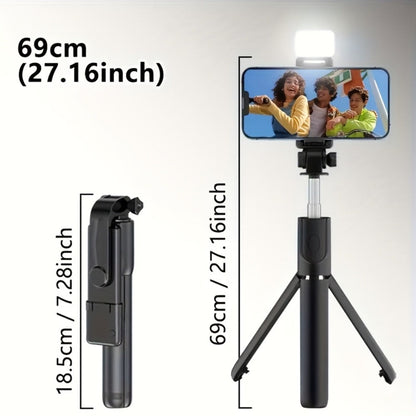 27.16-Inch Compact Selfie Stick Tripod with Integrated Light, Rotating Clamp, Remote and Two Colors