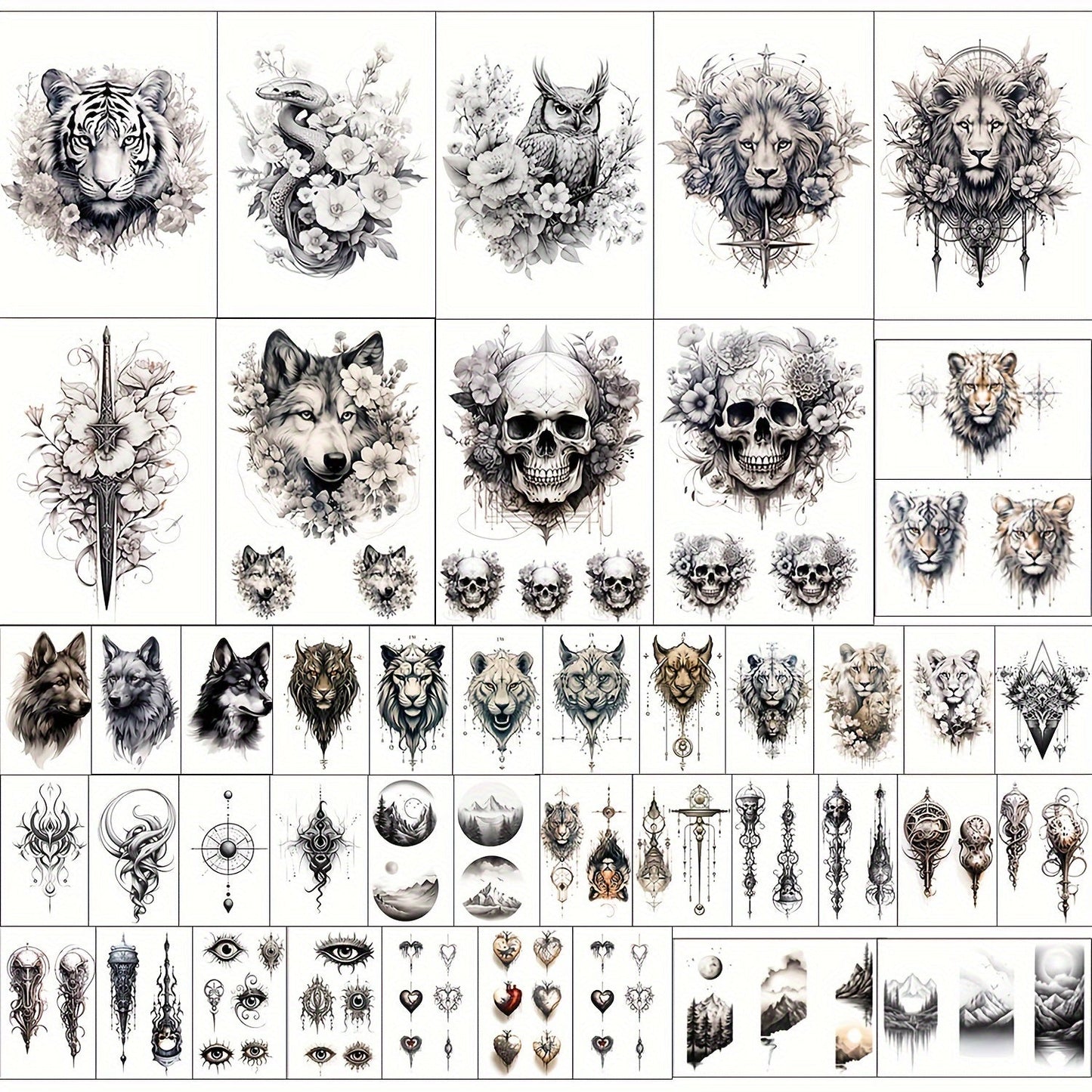 Temporary Tattoos, 44-Sheet Black Animal and Mountain Set with Wolf, Lion and Tiger Designs in Large and Small Sizes