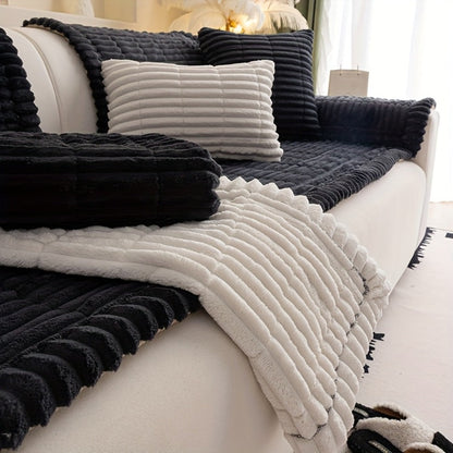 Wavy-Edge Plush Sofa Cushion Cover in Four Colors with Single-, Two-, Three- or Four-Seat Sizes