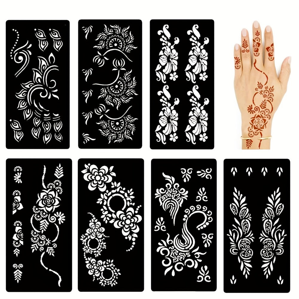 Seven-Piece Floral Tattoo Stencil Set with Paisley and Henna-Style Designs in SM031 or SM032