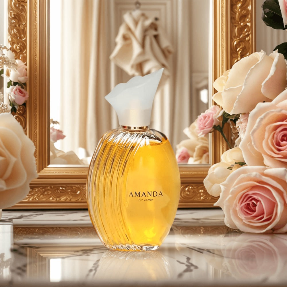 AMANDA Women's Eau de Parfum Spray, 100 ml Oval Amber Bottle with White Flower Cap and Red Gift Box