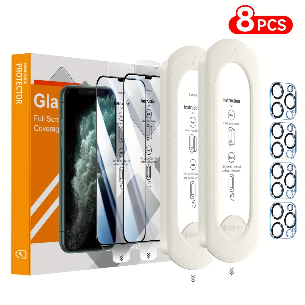 Screen Protector, 8-Piece iPhone Tempered Glass Set with Four Screen Films, Four Camera Lens Covers and Alignment Tools