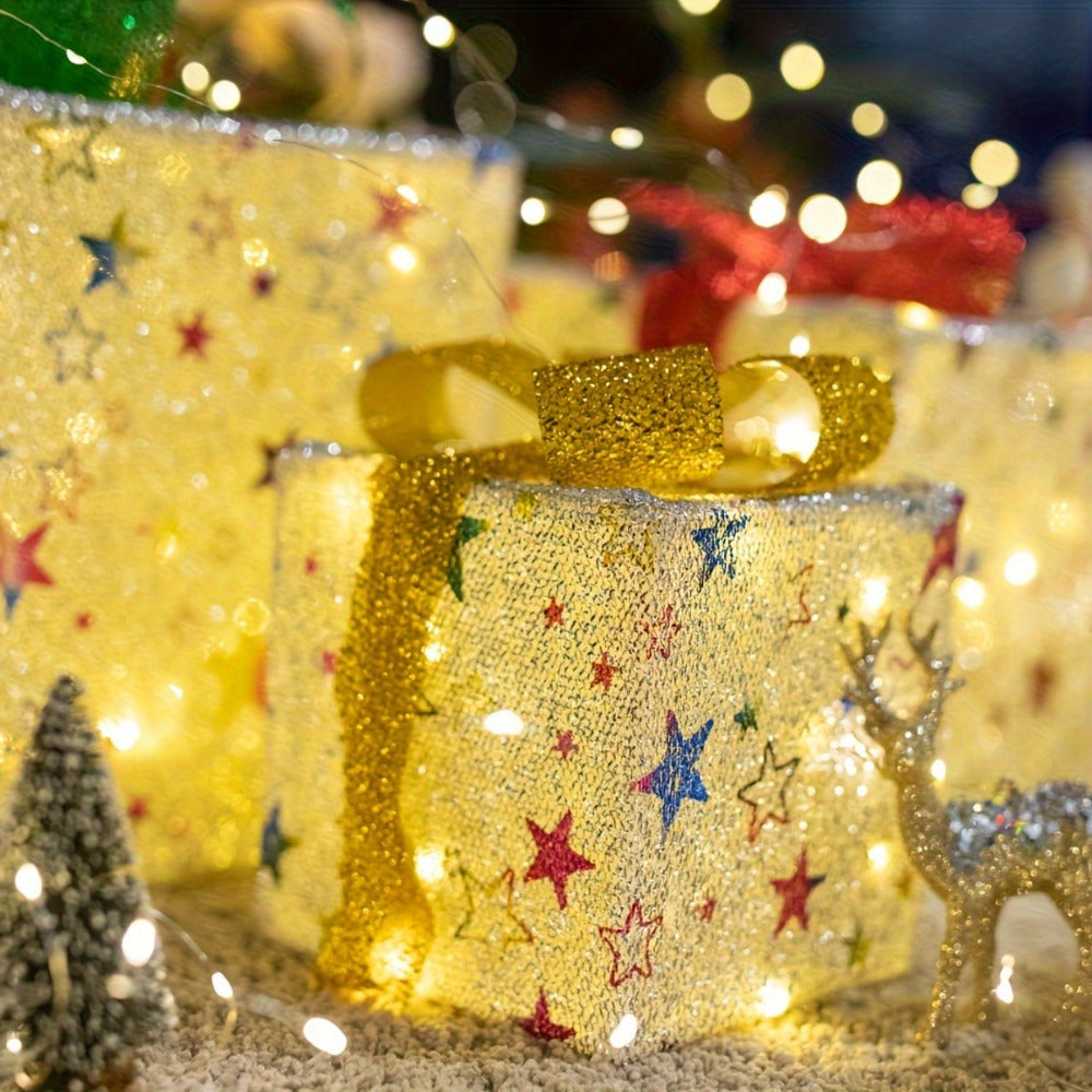 Three-Piece Lighted Gift Box Decoration Set with LED String Lights, Bow Handles and Four Holiday Style Options