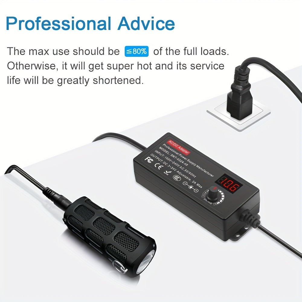 Adjustable 4–24V AC/DC Power Adapter with 48W Label, LCD Readout, Knob and Polarity Converter Set
