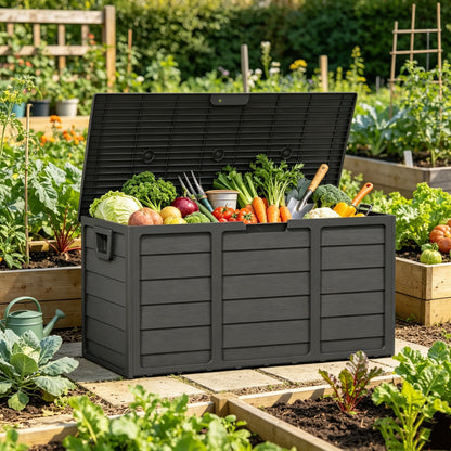 75-Gallon Pure Black Outdoor Storage Box with 44-Inch Pictured Width, Hinged Lid and Side Handles