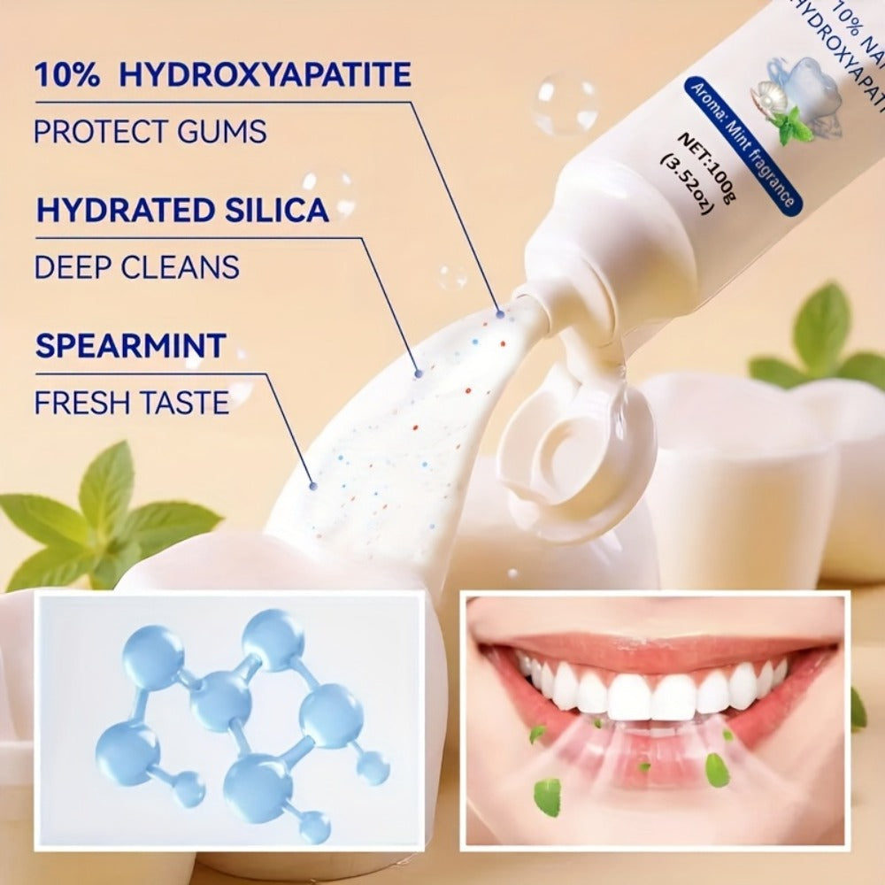 Two-Pack 100g Mint Toothpaste Tubes with 10% Hydroxyapatite Highlighted on the Package Labels