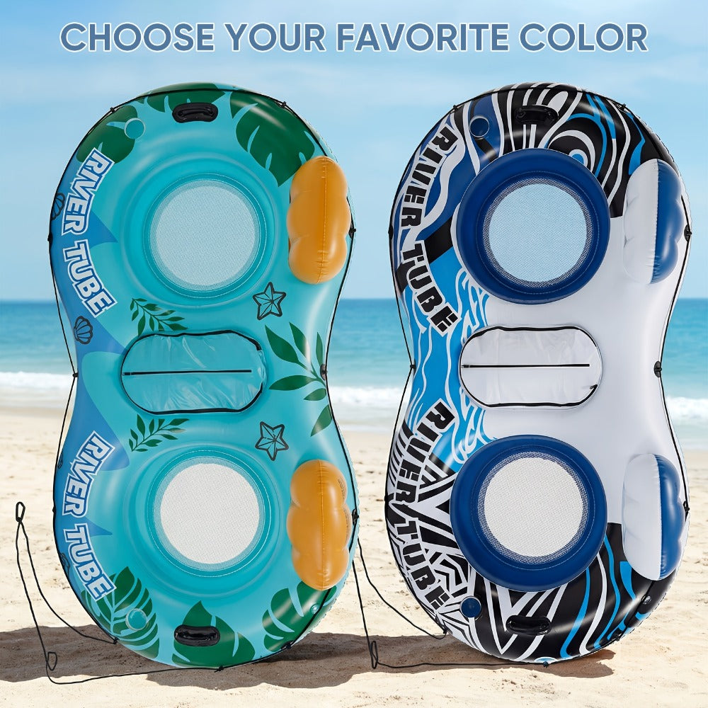 Inflatable Pool Float Bed with Detachable Cooler – Heavy Duty Double Adult Lounge Raft with Cup Holders for Swimming Pool, River & Lake, Durable Blow Up Water Lounger Chair, Blue & Green / Blue & White