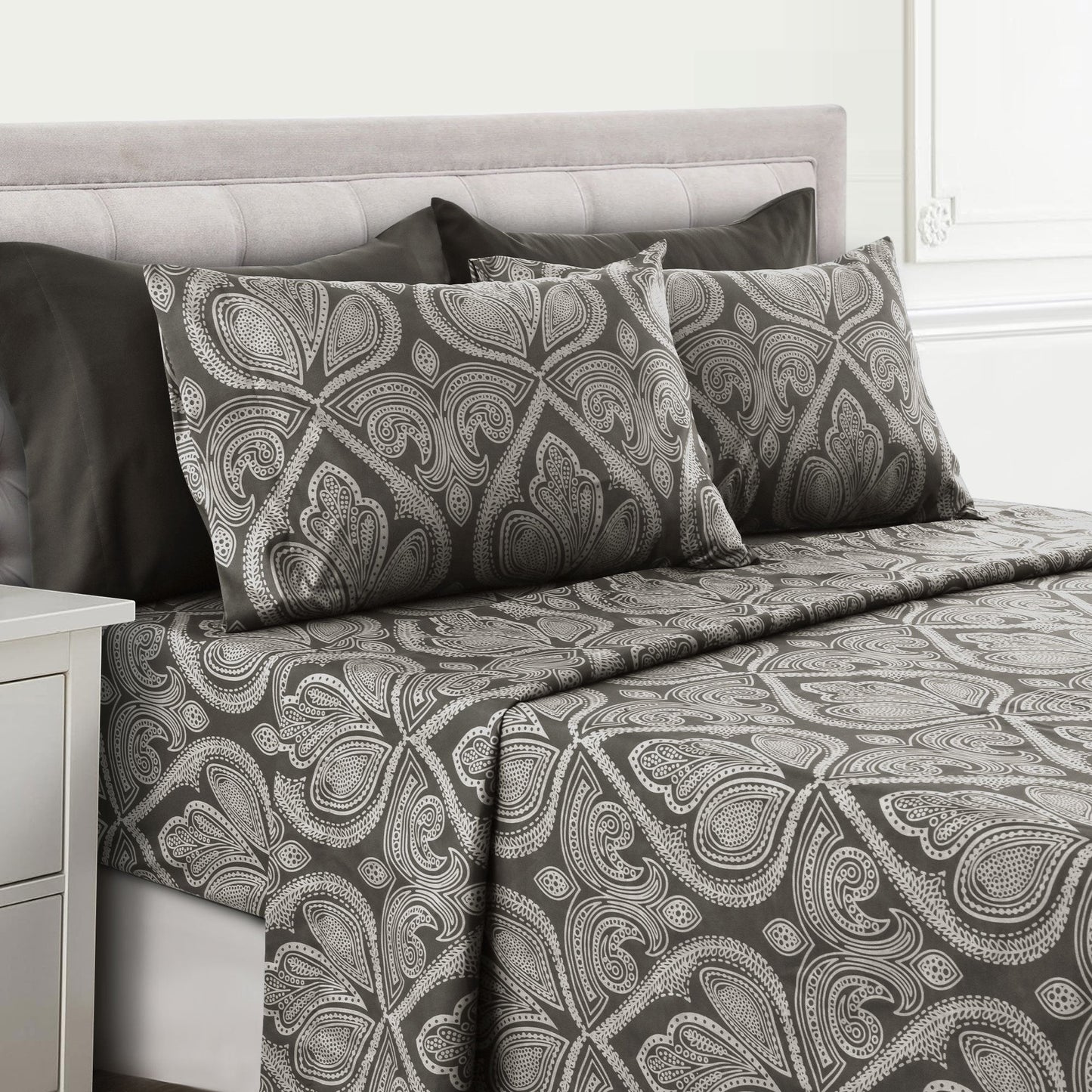 Bed Sheet Set Paisley Brushed Polyester in 4- or 6-Piece Sizing with 16-Inch Pocket and Wash Instructions