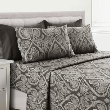 Bed Sheet Set Paisley Brushed Polyester in 4- or 6-Piece Sizing with 16-Inch Pocket and Wash Instructions
