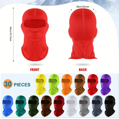 Thirty-Piece Multicolor Pull-On Balaclava Set with Full Face and Neck Coverage and Six Pictured Wear Styles