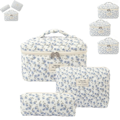 Three-Piece Floral Makeup Bag Set with Carry Handle, Gold-Color Zippers and Four Image-Bound Pattern Options