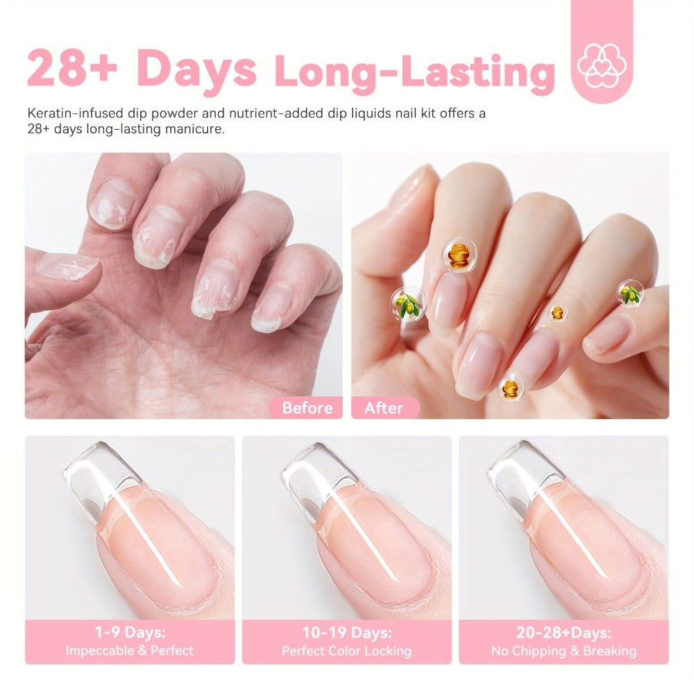 Dip Powder Nail Kit with SAVILAND Label, 60g Clear Powder, Three 15ml Liquids, Files, Buffer and Brush