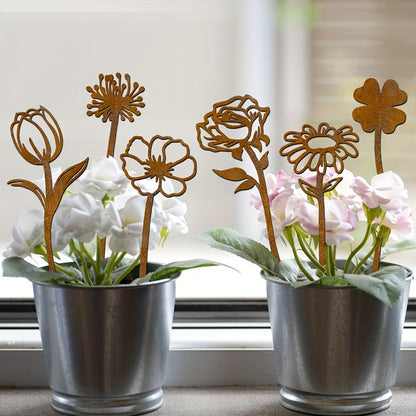 Rustic Flat Metal Flower Garden Stakes, Six-Piece Rose, Daisy and Botanical Set for Pots and Borders