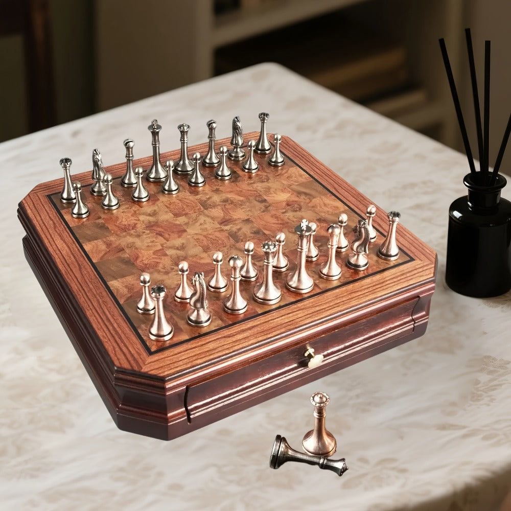 12-Inch Wooden-Style Chess Set with Metal-Finish Pieces, Two Storage Drawers and Two Extra Queens for Adults
