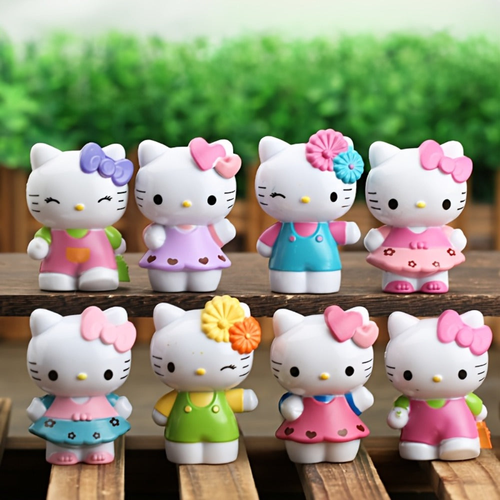 KT Cat Mini Figurine Set 8pcs | Cute Anime Desktop Ornaments Collectible Dolls | Car Dashboard Home Office Decor Gift for Birthday Valentine's Day Halloween Christmas