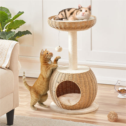 Cat Tree 29.5 Inch Rattan Cat House with Natural Sisal Scratching Post – Woven Cat Condo, Soft Cushion Perch, Hanging Bell Toy, Luxury Cat Furniture for Small to Medium Cats, Beige