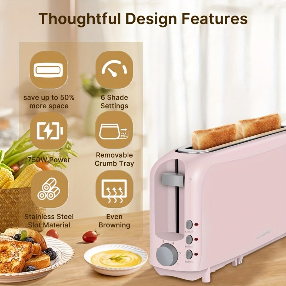 2-Slice Toaster Slim Ultra-Thin Design – 6 Browning Settings, 10" Long Slot, Reheat & Defrost Functions, Auto Shut-Off, Removable Crumb Tray, 6 Colors Available