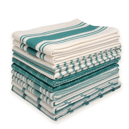 Ten-Pack Cotton Flat-Weave Kitchen Towel Set with Stripe, Check and Solid-Border Designs in Nine Colors