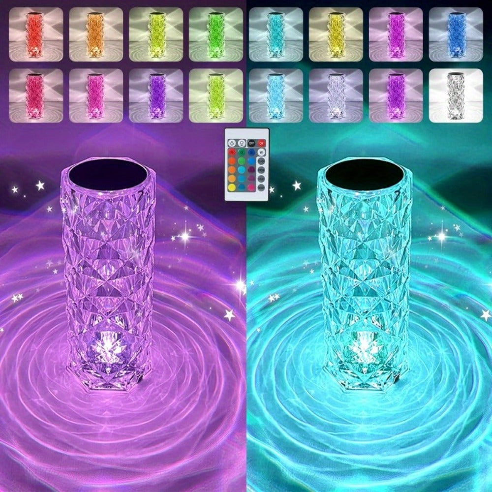 Crystal Diamond Rose Table Lamp RGB LED – Remote & Touch Control Dimmable USB Rechargeable Uplight for Home, Office, Dating & Parties, Perfect Gift for Women & Couples
