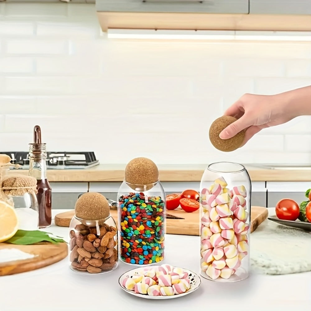 Three-Piece 17-Ounce Glass Storage Jar Set with Round Cork Stoppers for Tea, Candy, Spices or Dry Goods