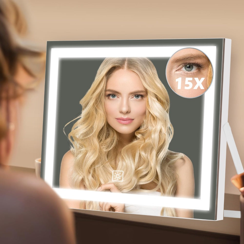 Rotating LED Vanity Mirror with 15X Magnifier, Three Light Colors and 14 x 17 Inch Framed Design