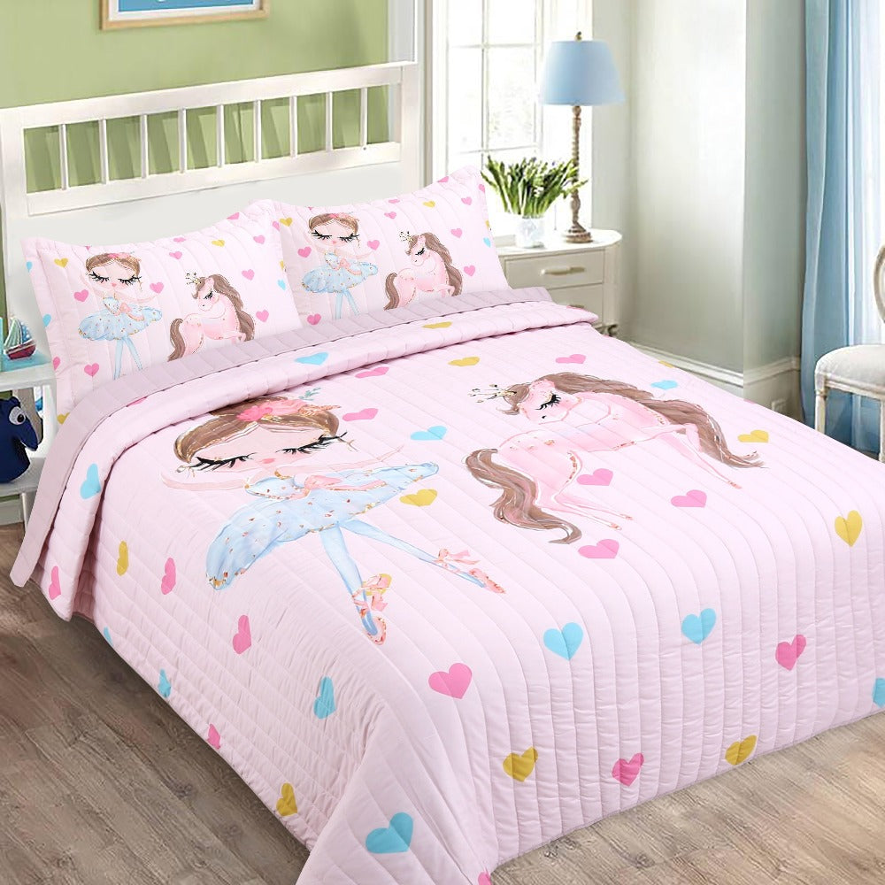 Pink Pony and Princess Print Three-Piece Bedspread Set with 67 x 90-Inch Cover and Two 20 x 28-Inch Shams