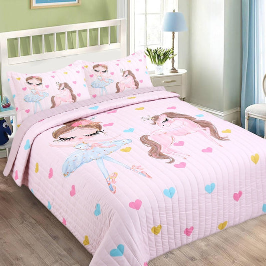 Kids Bedspread Set 3 Piece Pink Princess Pony Print Soft Comfortable Bedspread with 2 Pillowcases Girls Bedroom Decor Christmas Halloween Gift Core Not Included
