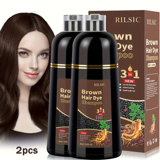 Grey Hair Coverage Shampoo 2 Pack 3-in-1 Herbal Hair Dye Kit with Plant-Based Squalane Colors in Minutes Includes Gloves Earmuffs Headgear Shawl Black Dark Brown Chestnut 500ml Each