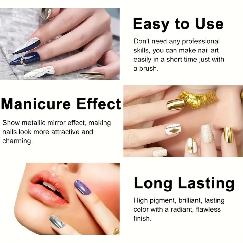 Chrome Nail Polish Set 12 Colors Mirror 3D Metallic Effect with Built-in Fine Brush — Long-Lasting Metal Paint for Salon & DIY Nail Art Design, Manicure Gift Set for Women & Girls