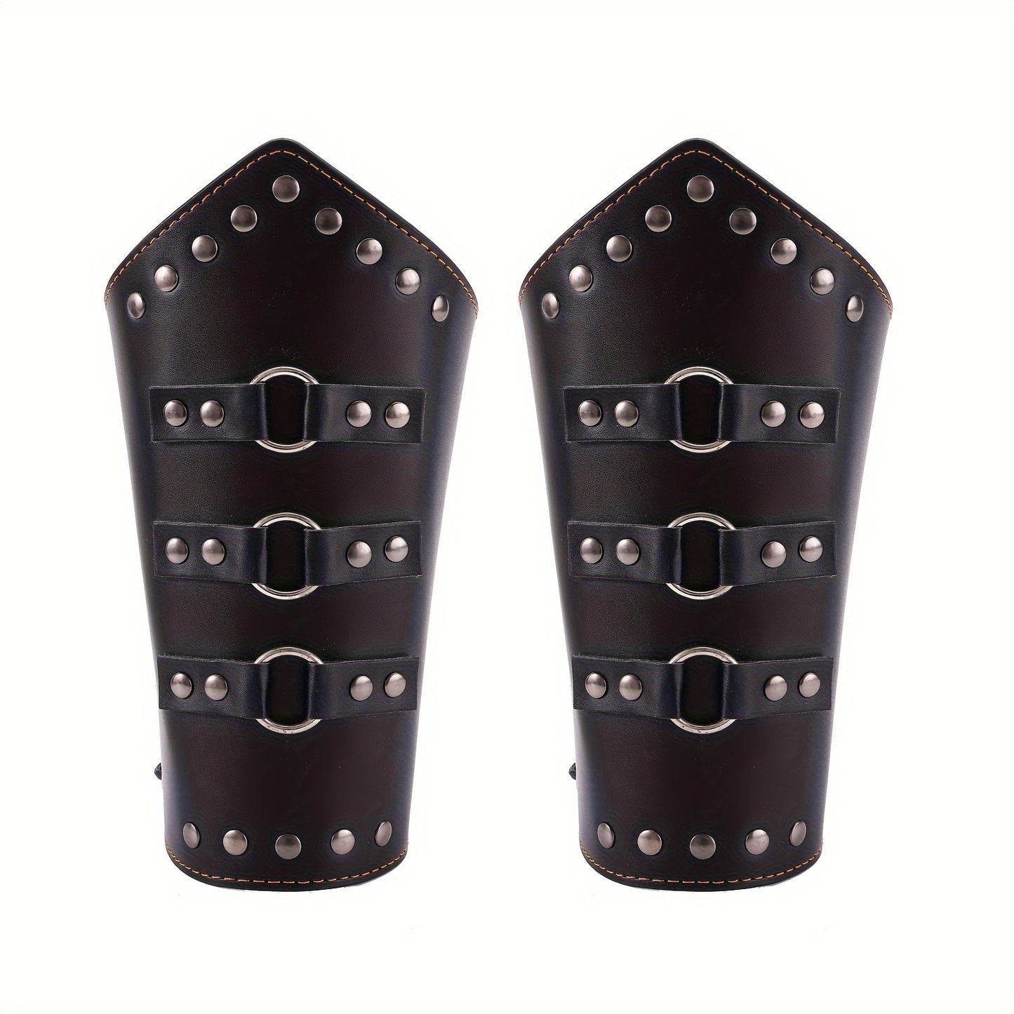Medieval Arm Bracers 2pcs PU Leather Gauntlet Wristbands for Men, Renaissance Knight Warrior Viking Cosplay Costume Prop for Halloween LARP Stage Performance Photo Shoot, Black & Brown