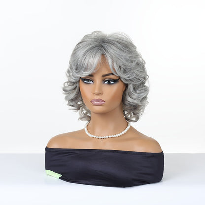Gray Curly Wig with Bangs 12 Inch Short Silver Grey Synthetic Heat Resistant Rose Net Cap Wig for Women Cosplay Halloween Party Daily Wear All Occasions